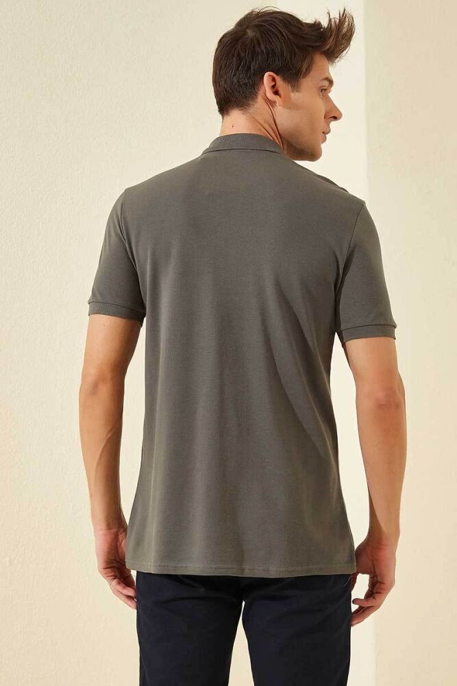 Koyu Gri Basic Göğüs Logolu Standart Kalıp Triko Polo Yaka Erkek T-Shirt - 87768 - 3