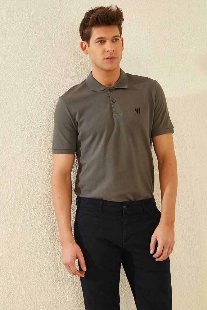 Koyu Gri Basic Göğüs Logolu Standart Kalıp Triko Polo Yaka Erkek T-Shirt - 87768 - 5