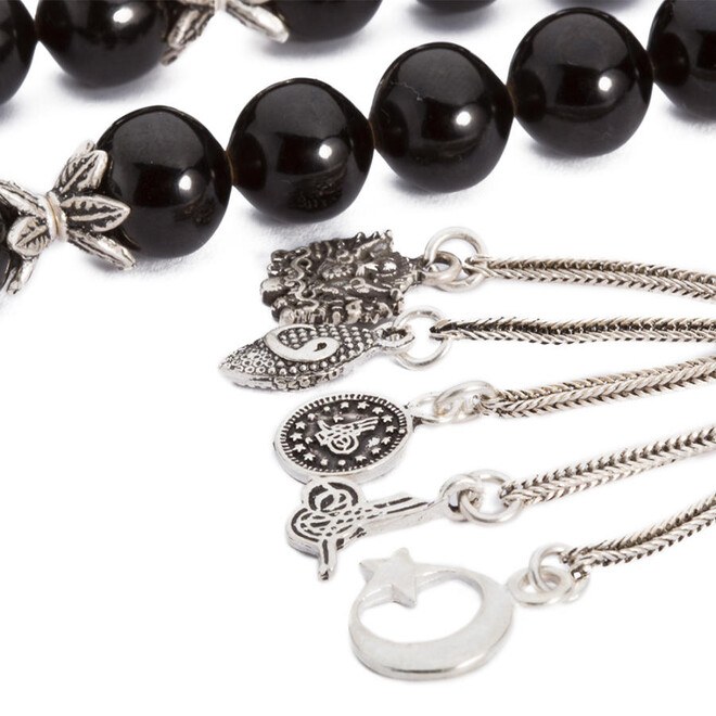 Lignite rosary with large beads and multi-symbol tassel - 2