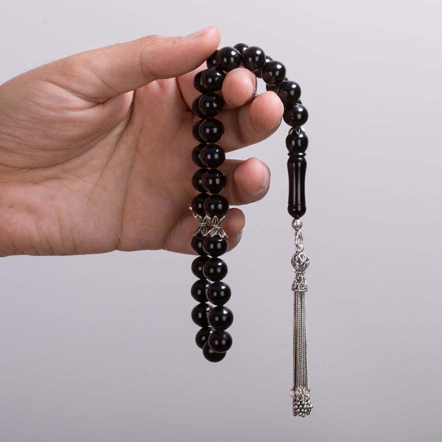 Lignite rosary with large beads and multi-symbol tassel - 3