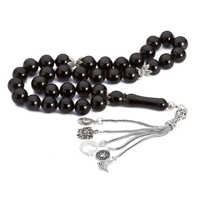 Lignite rosary with large beads and multi-symbol tassel - 1