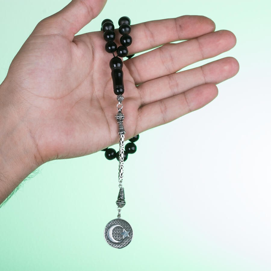Lignite Stone Rosary with tassel bearing moon star symbol - 2