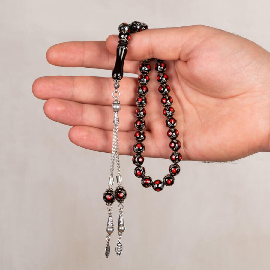 Luxurious lignite rosary with coral stone and silver tassel - 1