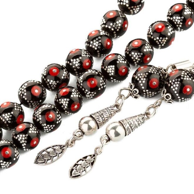 Luxurious lignite rosary with coral stone and silver tassel - 2