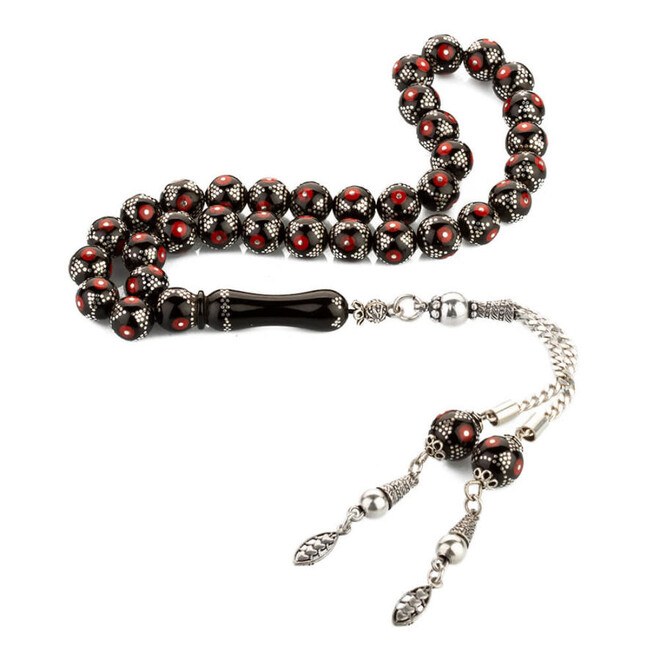 Luxurious lignite rosary with coral stone and silver tassel - 3