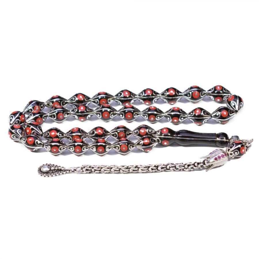 luxury men's rosary of Lignite Arzurum stone decorated with silver and coral - 1