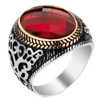 Men's 925 silver ring with red zircon stone - 1