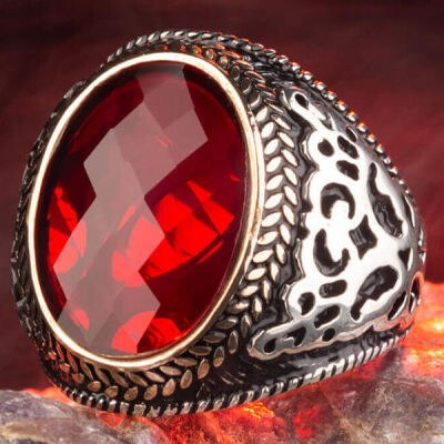 Men's 925 silver ring with red zircon stone - 2