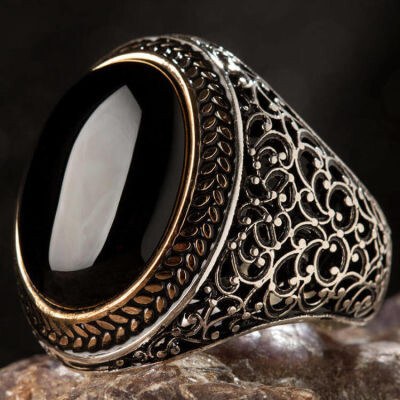 Mens 925 Silver Ring with Shiny Onyx Stone - Mens Rings - 3