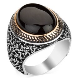 Mens 925 Silver Ring with Shiny Onyx Stone - Mens Rings - 1
