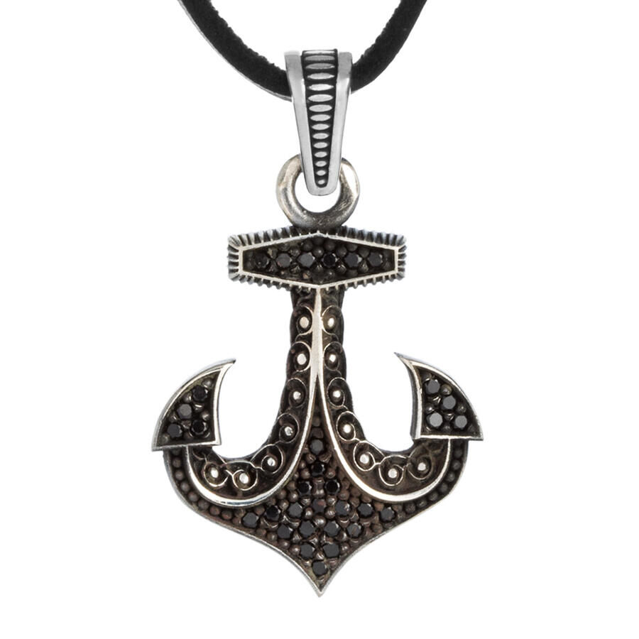 Men's 925 Sterling Silver Anchor Necklace Mini Black Stone Leather Cord - 1