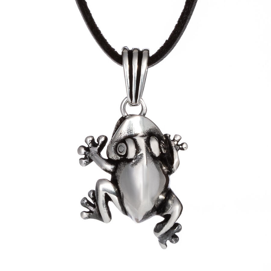 Men's 925 Sterling Silver Frog Necklace with Leather Cord - 1