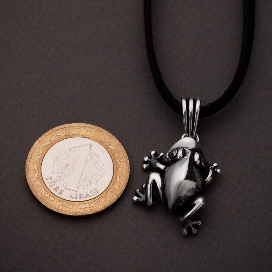 Men's 925 Sterling Silver Frog Necklace with Leather Cord - 3