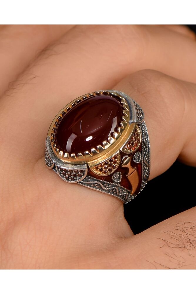 Men's 925 Sterling silver ring decorated with agate and zircon stones - 1