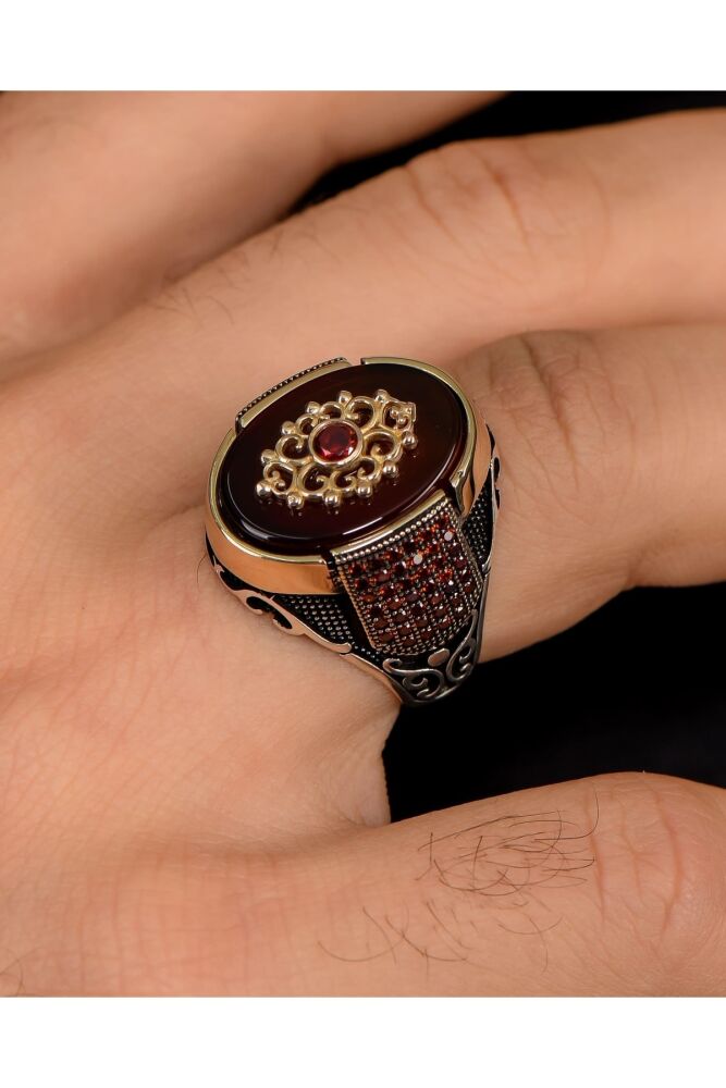 Men's 925 Sterling silver ring Engraved and decorated with agate and zircon stones - 1