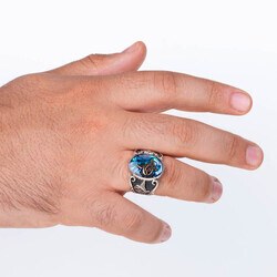 Men's blue enamel silver ring with Ottoman engraving - 3