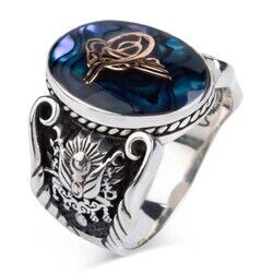 Men's blue enamel silver ring with Ottoman engraving - 1