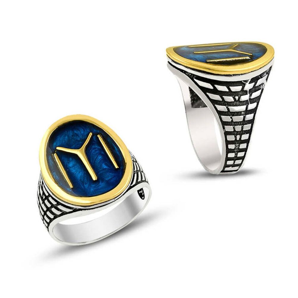 Men's blue enameled silver ring with Cai inscription - 1