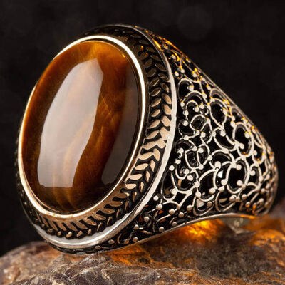 Men's brown silver ring with tiger's eye stone - 3
