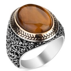 Men's brown silver ring with tiger's eye stone - 1