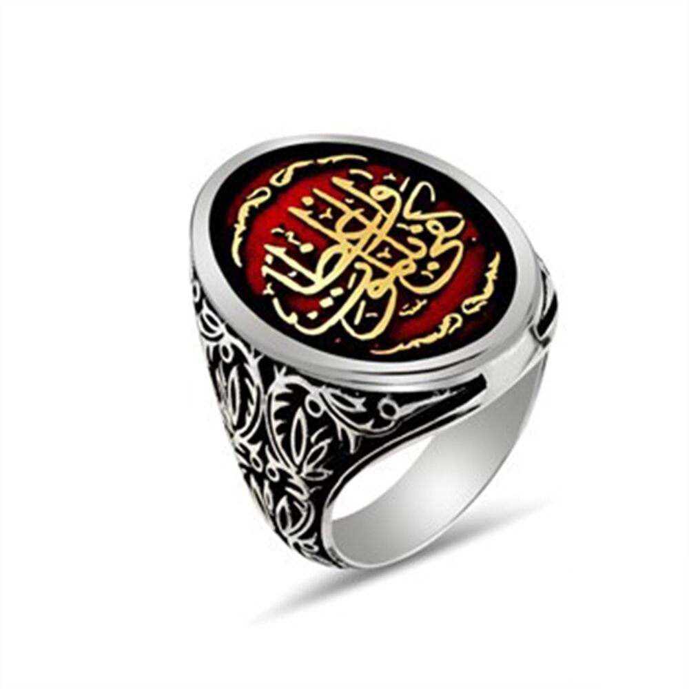 Men's oval sterling silver ring, burgundy color, engraved on the ring, (Death is enough for a preacher) in Arabic - 1