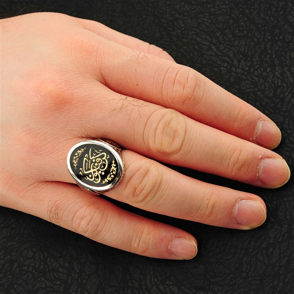 Men's oval sterling silver ring engraved in Arabic (Be and be) with 12 visible faces - 3