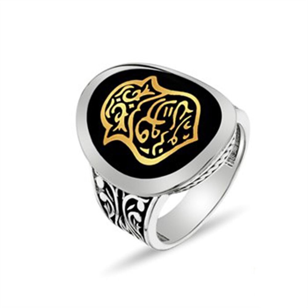 Men's oval sterling silver ring from Nali Sharif Kadim, black plated with equal branches drawn on its sides - 1
