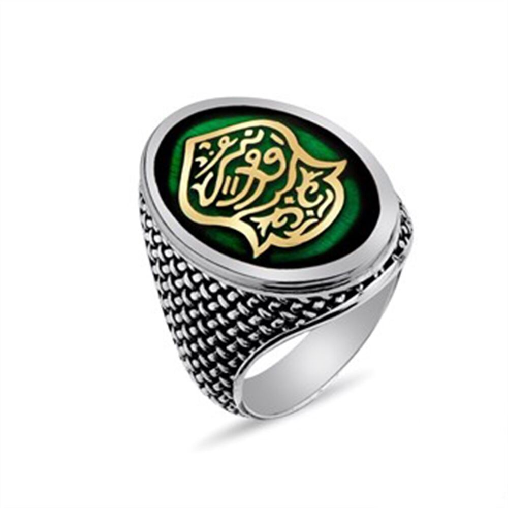 Men's oval sterling silver ring from Nali Sharif Kadim plated with green painted equal sides twigs - 1
