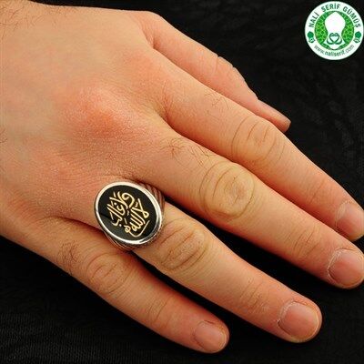 Men's ring, sterling silver, agate stone black color written on it (There is no victor but Allah) - 2