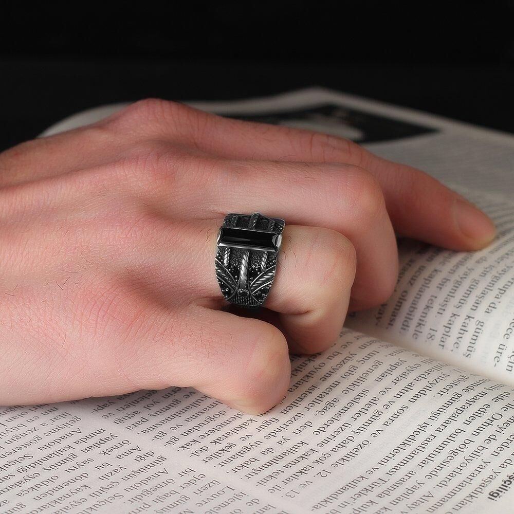 Mens Ring with Baguette Stone in Black Color - 2