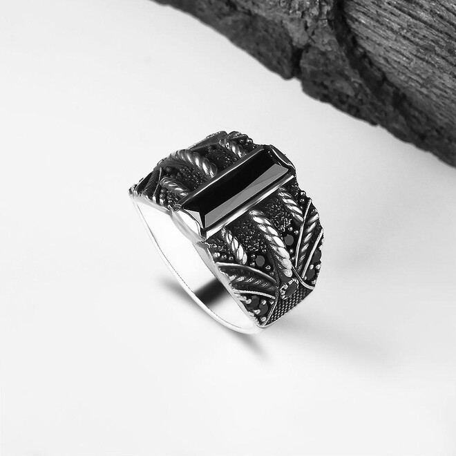 Mens Ring with Baguette Stone in Black Color - 1