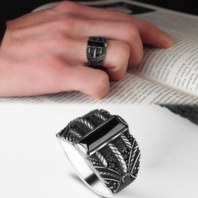 Mens Ring with Baguette Stone in Black Color - 3