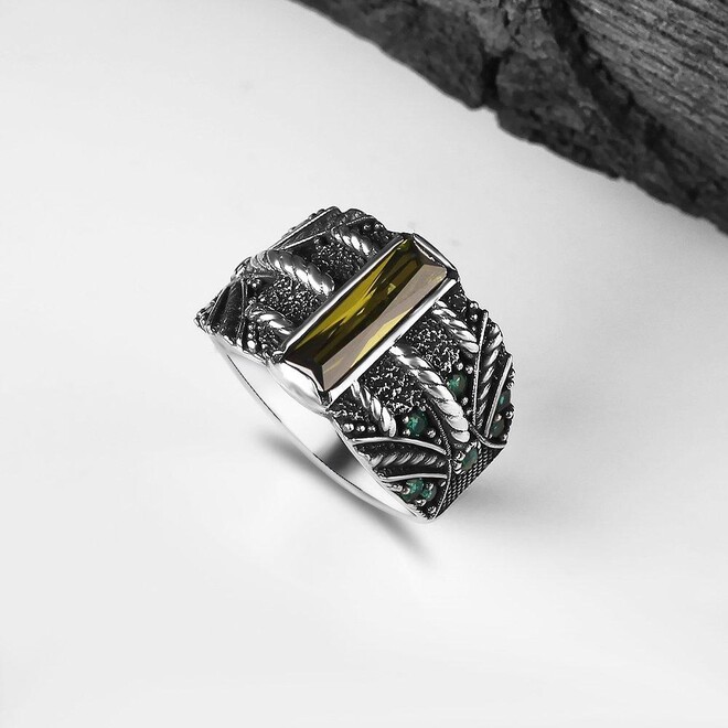 Mens Ring with Baguette Stone in Green Color - 1