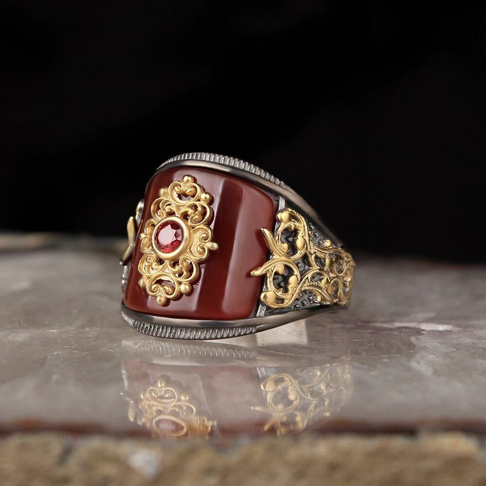 Mens Rings with Agate Stone and Distinctive Inscriptions - 1