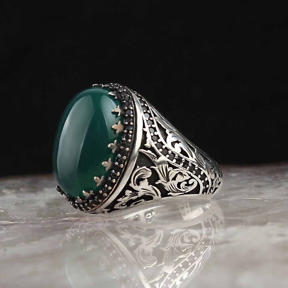 Mens Rings with Agate Stone in Green Color - 1