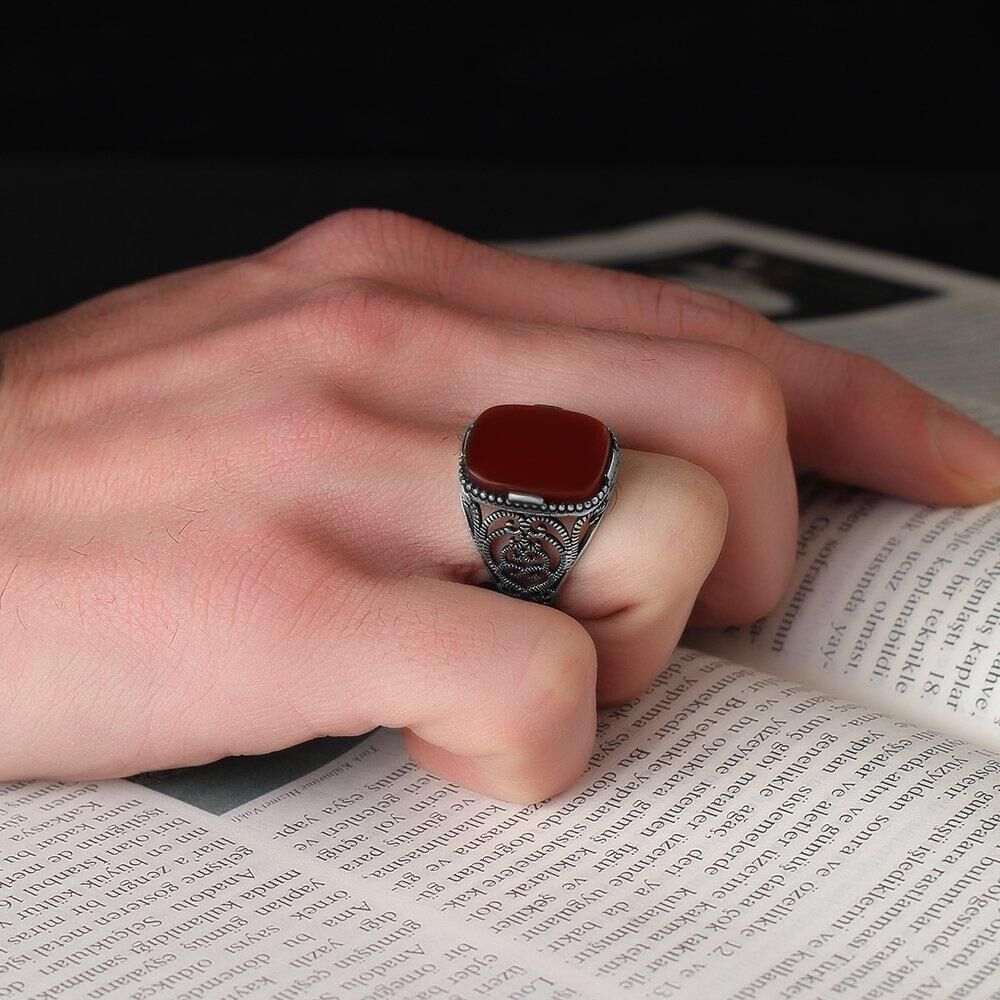Mens Rings with Agate Stone in Red Color - 1