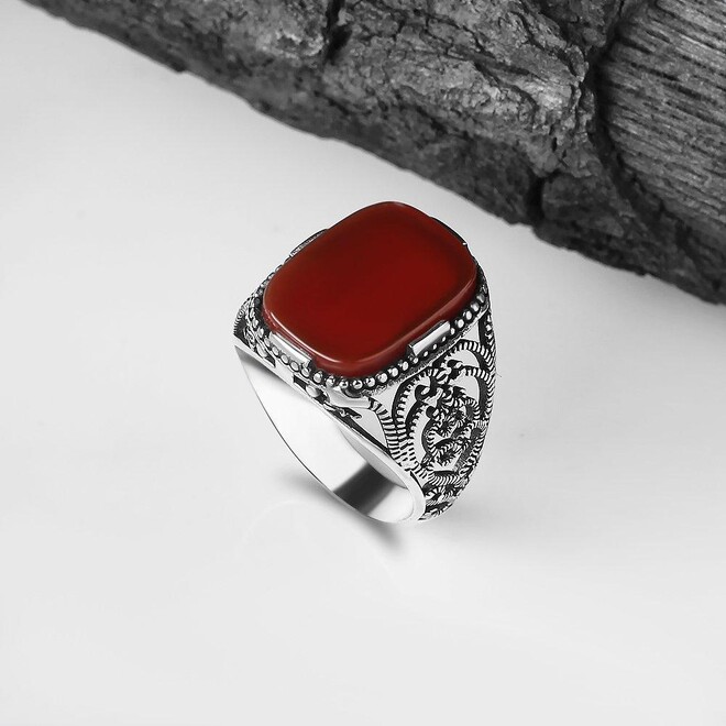 Mens Rings with Agate Stone in Red Color - 2
