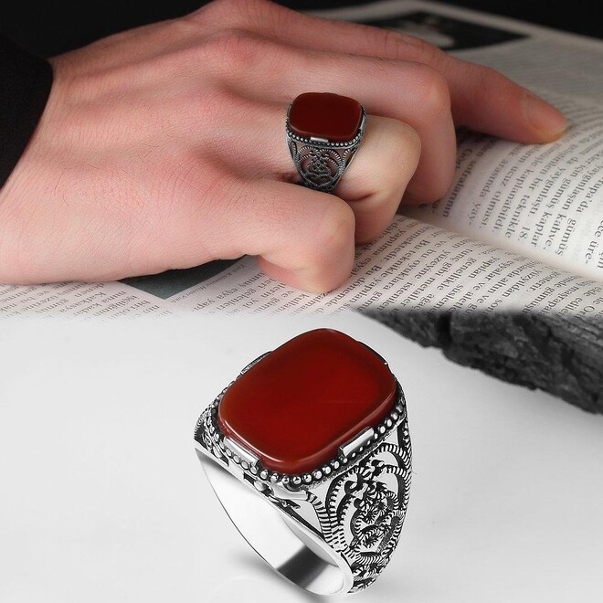 Mens Rings with Agate Stone in Red Color - 3