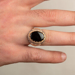 Mens Rings with Black Agate Stone and Golden Frame - 3