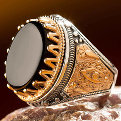 Mens Rings with Black Agate Stone and Golden Frame - 4