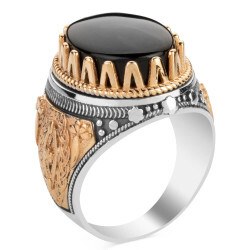 Mens Rings with Black Agate Stone and Golden Frame - 1