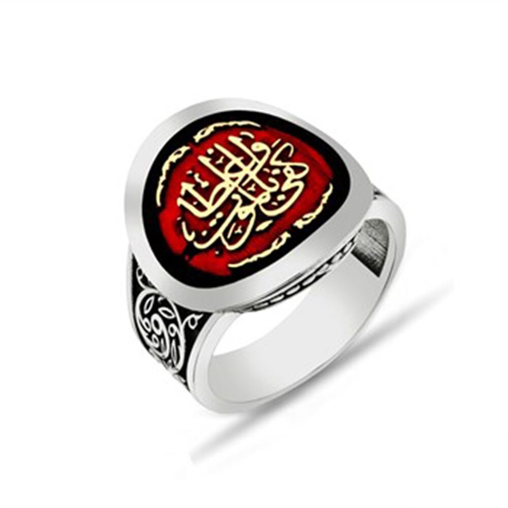 Men's round sterling silver ring, burgundy color, engraved on the ring, (Death is enough for a preacher) in Arabic - 1