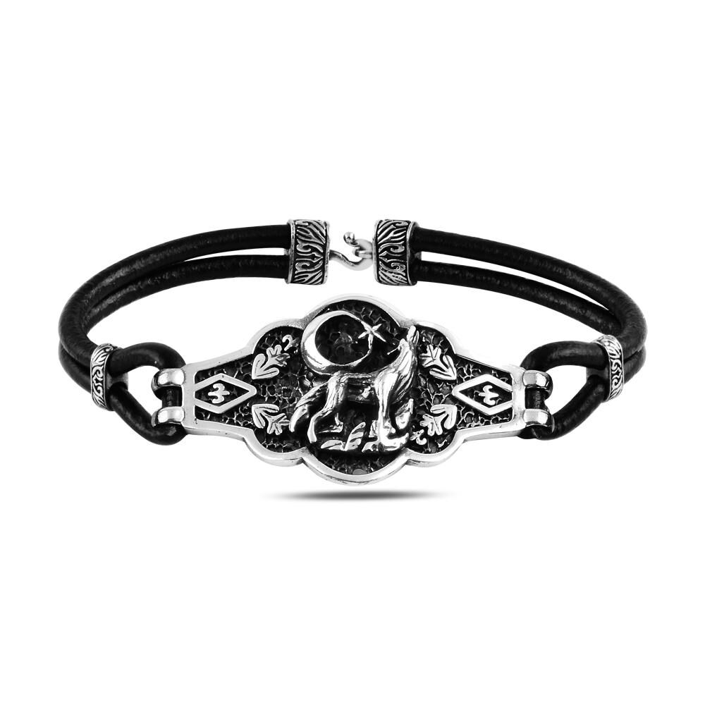 Men's silver bracelet with wolf, moon and star engraving - 1