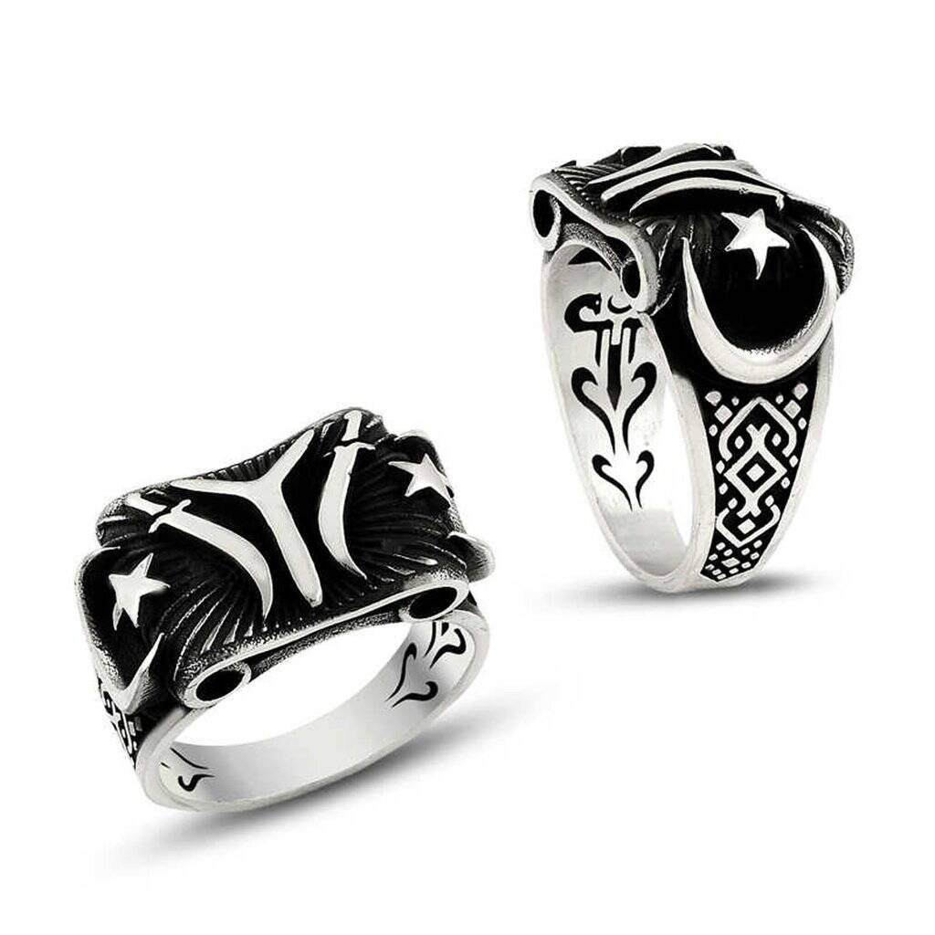 Moon and Star İslamic Ring Falcon Jewelry Sterling Silver Men Ring Onyx Natural Gemstone 
