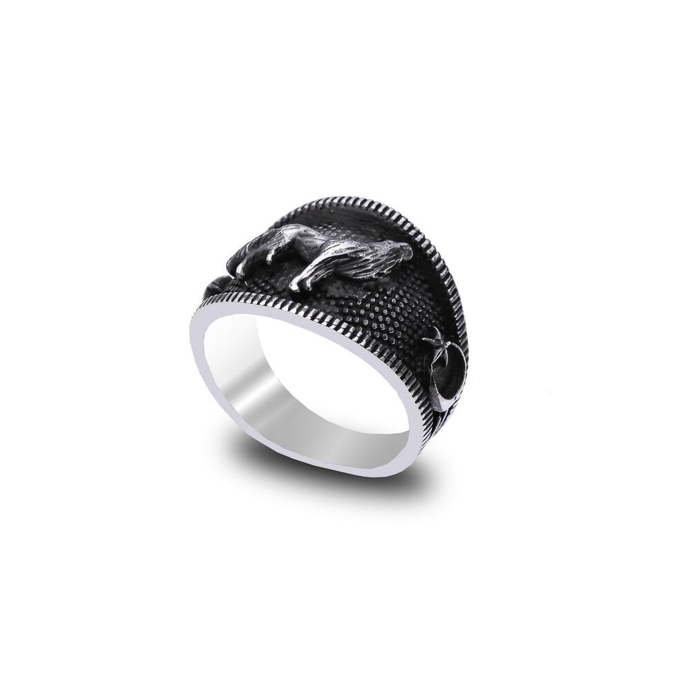 Men's silver ring, engraved with lion, crescent and star - 1