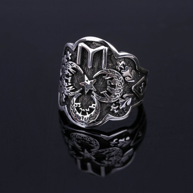 Men's silver ring for the three-star thumb, engraved with the symbol of kai - 1