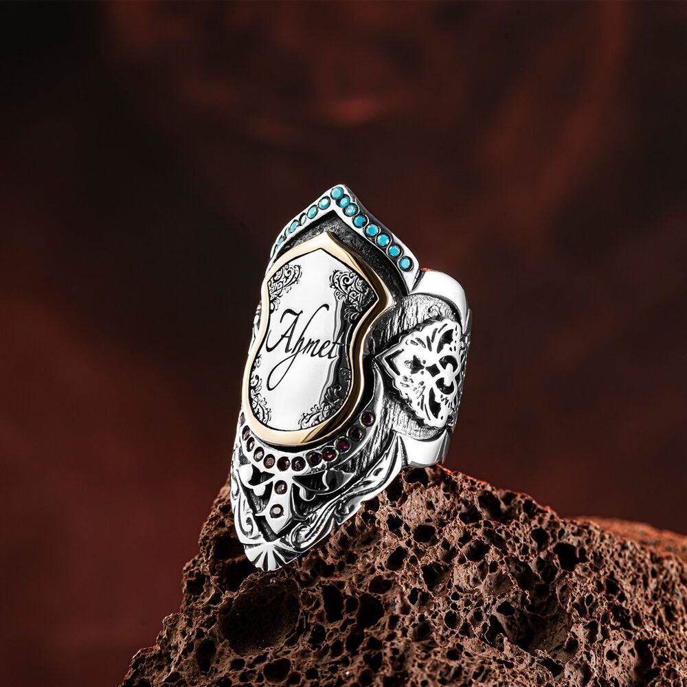 Men's silver ring is engraved, embossed and studded with an emerald stone - 1