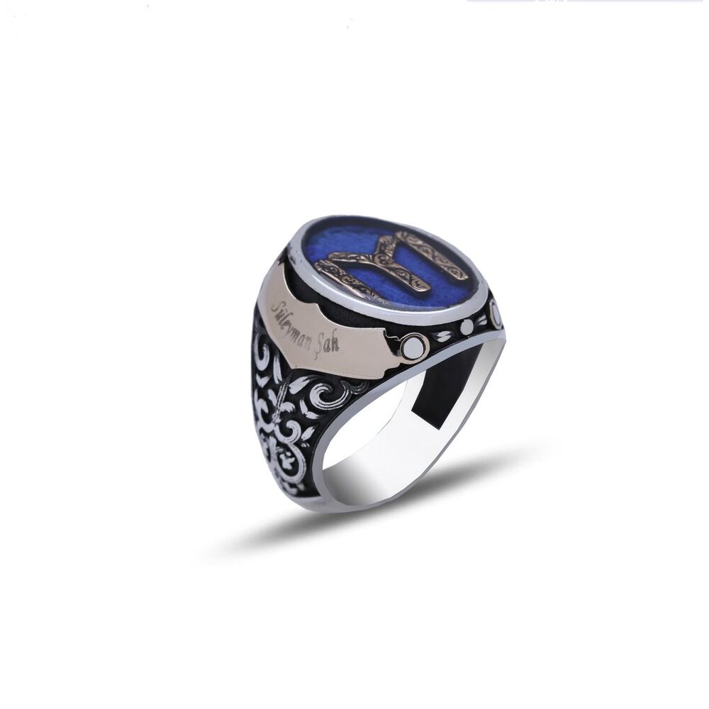 Men's silver ring, polished with enamel, with Cai inscription - 1