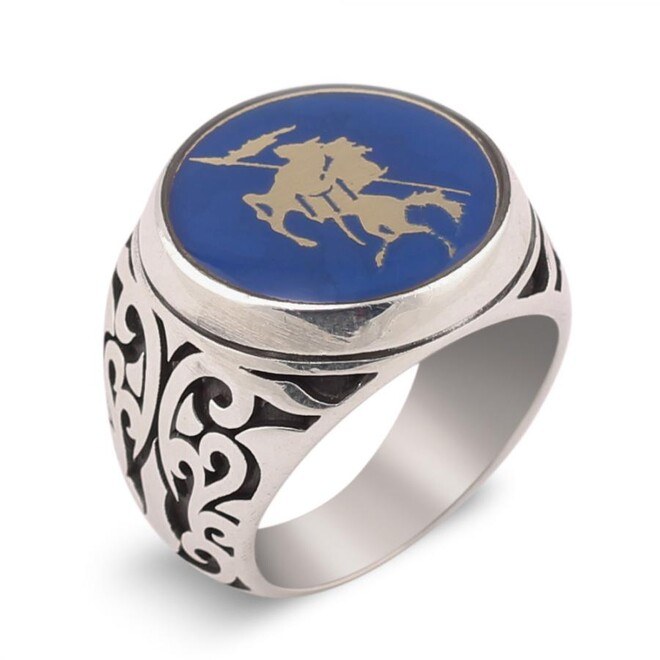 Men's Silver Ring with a Bblue Enamel Stone - 1
