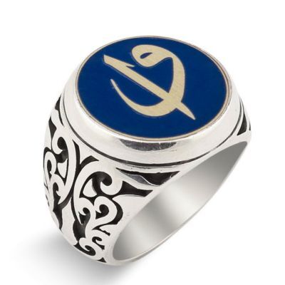 Men's Silver Ring With a Blue Enamel Stone İnscribed with Alif and Waw - 1